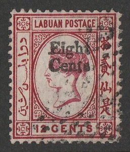 LABUAN 1881 'Eight Cents' on QV 12c carmine, wmk crown CC reversed.