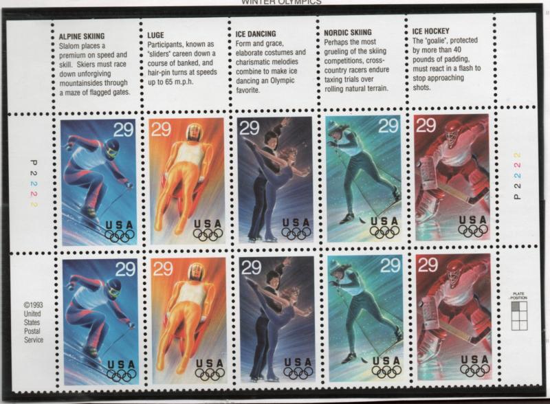 Scott# 2807 - 2811 unused NH Plate BK of 10  Winter Olympics