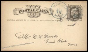 USA 1877 MORLEY Michigan Blue Cancel Postal Card Cover 96304