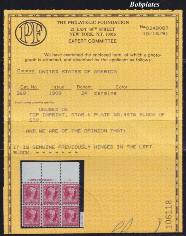 BOBPLATES #369 Lincoln Full Top Plate Block 4976 XF LH w/PF cert SCV=$2750