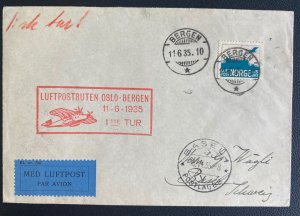 1935 Bergen Norway Airmail First Flight Cover FFC To Basel Switzerland