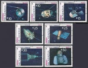 Nicaragua 1654-1660, CTO. Michel 2816-2822. Cosmonauts Day 1987. Satellites.