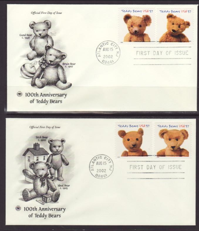 US 3653-3656 Teddy Bears 2002 PCS S/2 U/A FDC