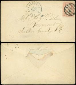 NOV 13, 1860's NEW ALEXANDRIA O. (DPO) Ornate Ladies Cover, Grid Cancel, SC #65!