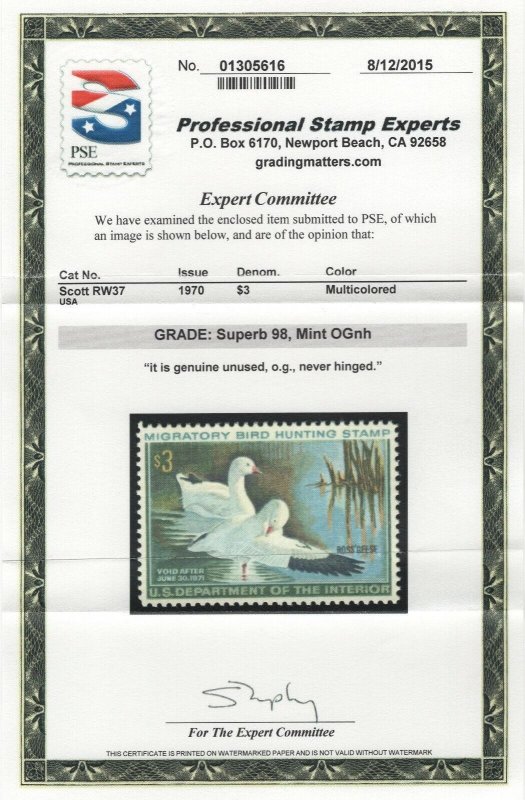 #RW37 Mint 98 Superb NH w/ PSE Certificate   (GP2 7/18/19)