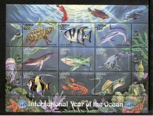 Liberia 1998 - Marine Life Fish - Sheet of 9 Stamps - Scott #1359 - MNH