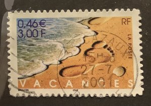 France 2001 Scott 2829 used - 3fr,  Vacances,  footprint on the beach