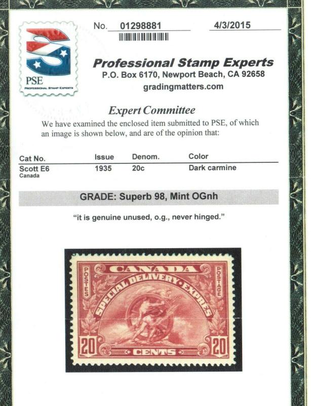 Canada #E6 Mint Superb Never Hinged With Graded 98 Certificate