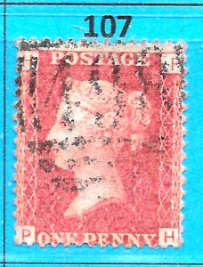 GB QV 1868 SG43 / 44, 1d Penny Red, Good Used, Plate 107 (PH)