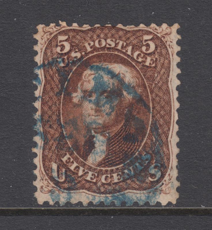 US Sc 75 used 1862 5c red brown Jefferson, blue CDS cancel sound & well centered