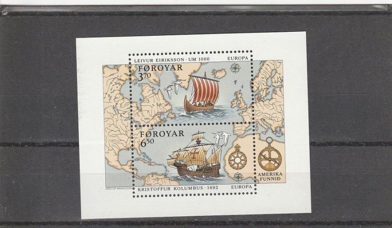 Faroe Islands  Scott#  238  MNH  S/S  (1992 First Landing in the Americas)