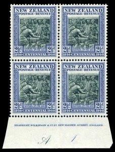 New Zealand 1940 KGVI 2½d blue-green/blue Imprint Plate A1 block MNH. SG 617.