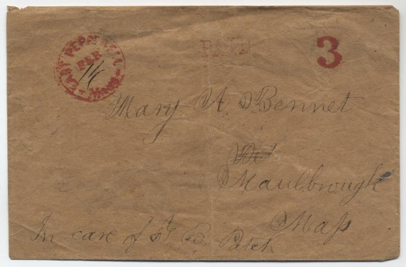 1850s East Pepperell Massachusetts Stampless Cover Helbock R7! [2560]