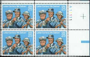 1989 Letter Carriers Plate Block Of 4 25c Postage Stamps, Sc# 2420, MNH, OG