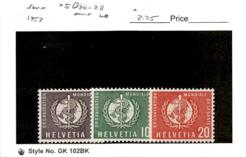 Switzerland, Postage Stamp, #5O26-5O28 Mint LH , 1957 World Health Org. (AD)