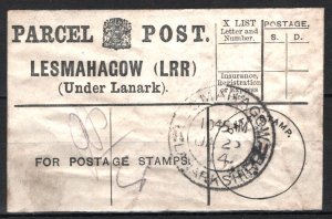 GB Scotland KGV PARCEL POST LABEL *LESMAHAGOW* CDS 1914 Lanarkshire SS3566