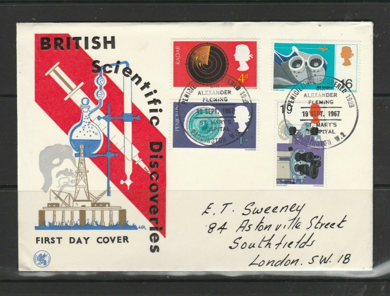 GB FDC 1967 Discoveries, Illus, Alexander Fleming  special cancel, Neat hand add