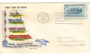 US 1006 (Me-12) 3c B & O Railroad on FDC Fluegel Multi-Color Cachet ECV $90.00