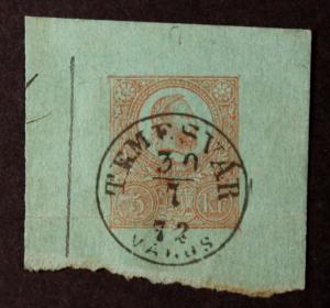 Stamp Hungary Sc# 3 Cut Square Rare Town TEMESVAR SON Handstamp 1872