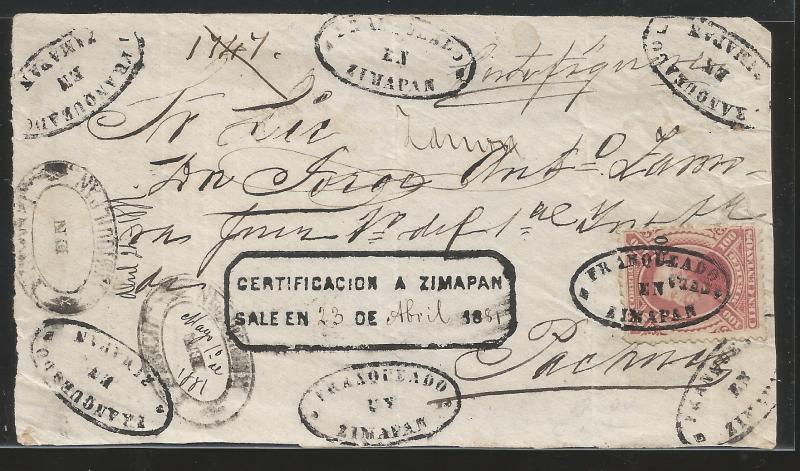 J) 1874 MEXICO, 100 CENTS CARMINE, FRONT OF LETTER, TULA, CONS 7-80 NUMERALS, CL