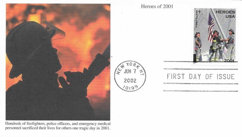 2002 FDC, #B2, Heroes of 2001, 3 diff. cachets