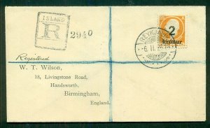 ICELAND 1926 2kr on 25aur tied on registered cover to England, bkstp Edinburgh