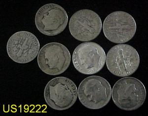 Ten different circulated silver ROOSEVELT DIMES