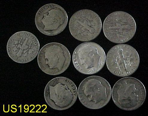 Ten different circulated silver ROOSEVELT DIMES