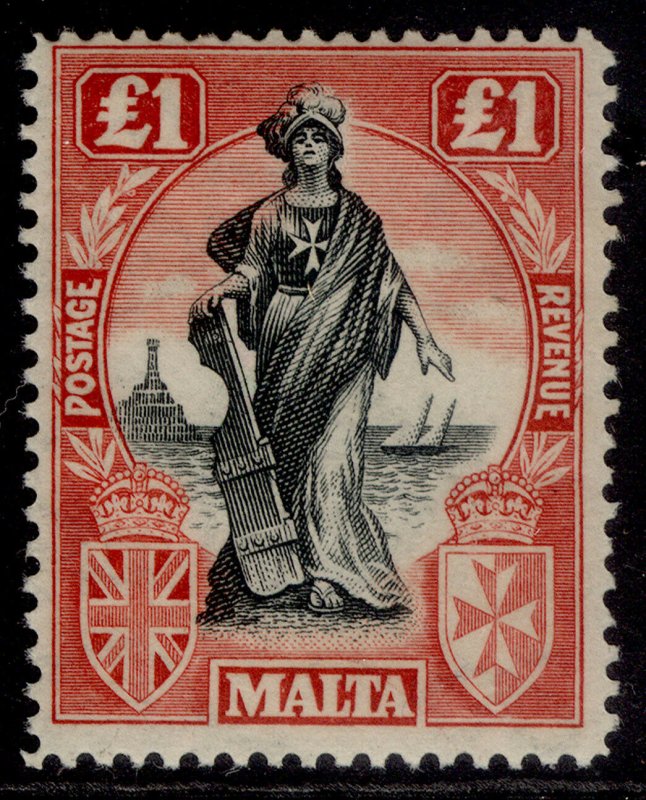 MALTA GV SG139, £1 black & carmine red, LH MINT. Cat £150.