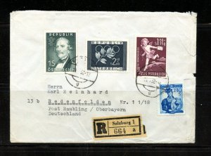 Austria #548, 577, B277-B278 (A905) Registered mail to Germany, damaged on edges