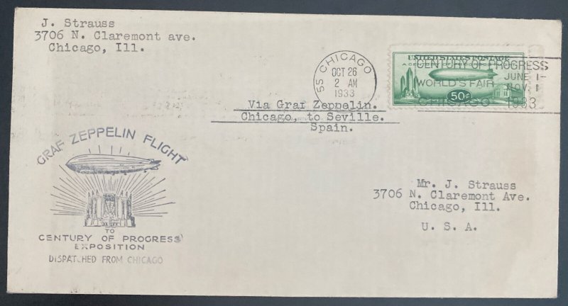 1933 USA LZ 127 Graf Zeppelin cover Century Of Progress Exposition Cachet #C18