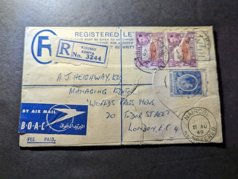 1949 Registered British KUT Airmail Cover Kisumu Kenya to London EC4 England