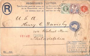 Great Britain 1/2d, 5d and 1/- QV Jubilee on 2d QV Registration Envelope 1895...