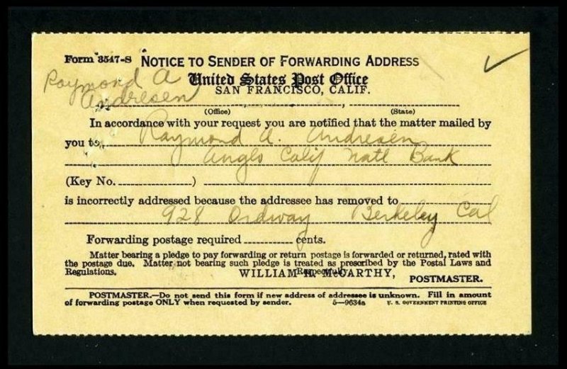 Notice of Forwarding address from San Francisco, California dated 1940's