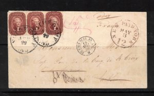 USA #28a Very Fine Used World Rarity Strip Of Three On Select Cover To France