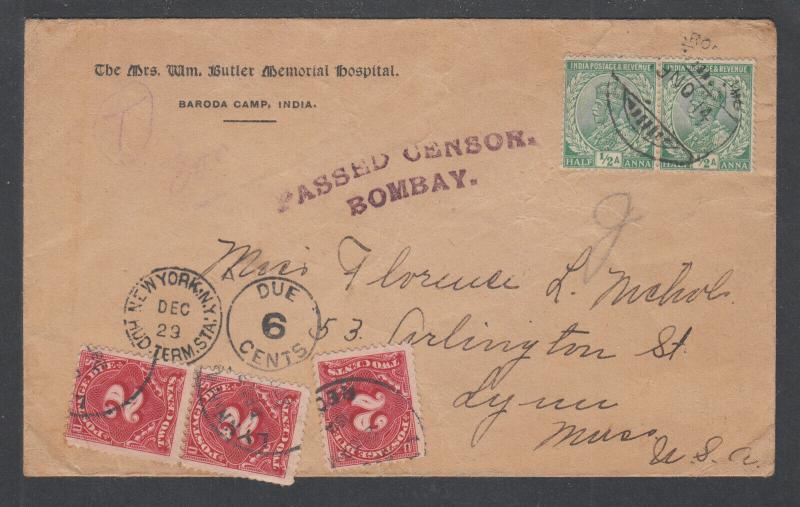 US J46 (3) on 1914 Censored Postage Due cover India to USA, Bombay Censor stamp