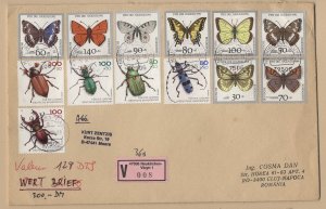 Germany #B705-732, B745-B749 mailed cover to Romania butterflies beetles insect