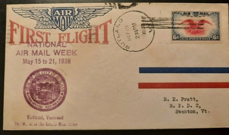 1938 First Flight Air Mail Illustrated Cachet Cover Rutland Swanton Vermont
