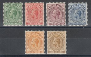 Falkland Islands Sc 30-35 MLH. 1912-1914 KGV definitives cplt to 1sh value, F-VF