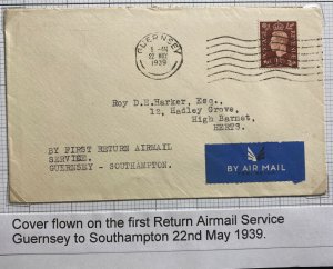 1939 Guernsey Channel Island England First Airmail Flight Cover To Herts
