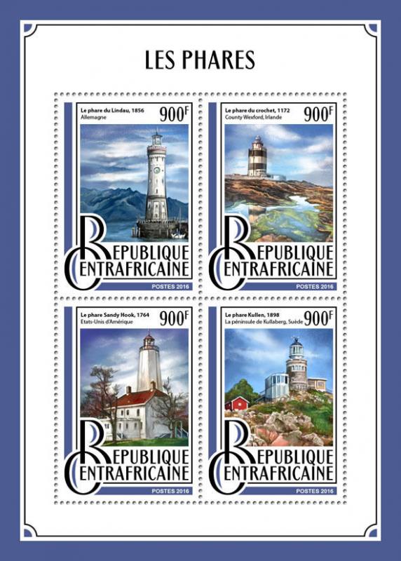 Central African Rep 2016 MNH Lighthouses Lindau Sandy Hook Kullen 4v M/S Stamps