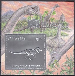 Guyana, Scott cat. 4877, BL432 A. Tyranosourus Dinosaur, Silver Foil s/sheet. ^