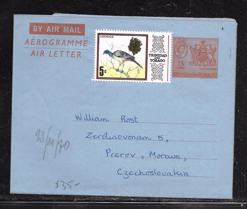 TRINIDAD & TOBAGO (PP1301B) 1970 15C AEROGRAMME+ 5C BIRD TO CZECHOSLOVAKIA