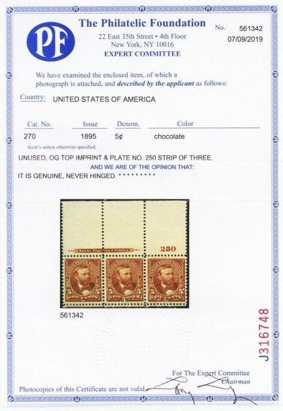 270, Mint VF NH Top PL# & Imprint Strip of 3 With PFC Certificate - Stuart Katz