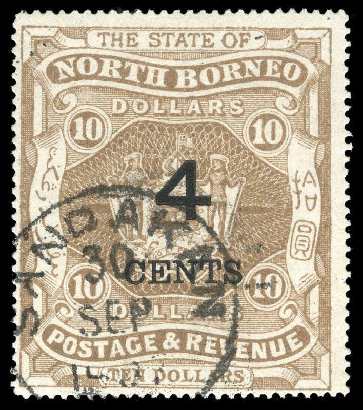 North Borneo 1899 4c on $10 brown very fine used. SG 124. Sc 102.