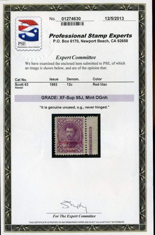 Hawaii Scott 63 Overprint Mint XF-Superb Stamp '95J' NH PSE Cert (Stock H63-31)