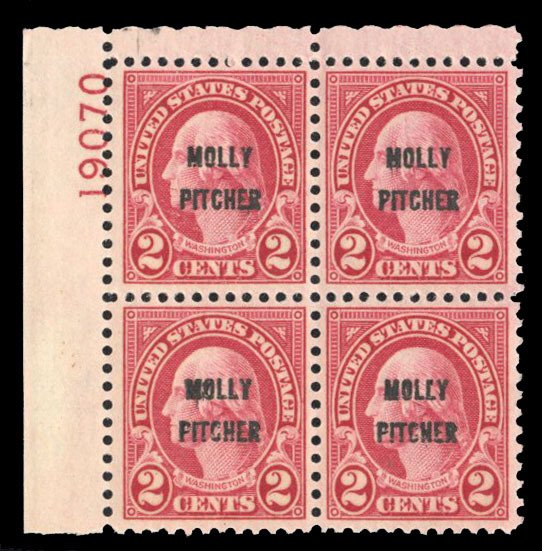 United States, 1910-30 #646 Cat$52.50, 1926 2c Molly Pitcher, plate block of ...