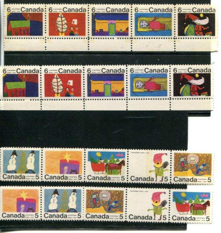 Canada #523a,523b,528a, 528b  strips of 5 VF NH