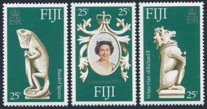 Fiji 384 ac strip, MNH. Ml 372-374. QE II coronation,25th Ann. 1978. Hart.Iguana
