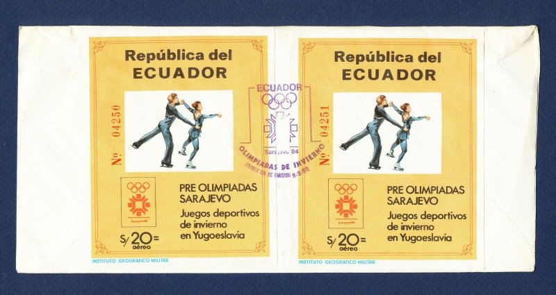 ECUADOR - # 1057A Two Olympics S/S on cover mailed to USA - 1984 - TWO SCANS